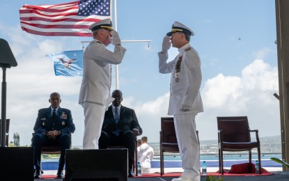 <p><strong>CHANGE OF COMMAND</strong>. Admiral Samuel Paparo assumes the command of the US Indopacom from Admiral John Aquilino during a change of command ceremony at Joint Base Pearl Harbor- Hickam in Hawaii on Friday (May 3, 2024). Paparo said the command needs to answer the continued "grey zone" operations of China in the West Philippine Sea. <em>(Photo courtesy of US Indopacom/MC1 John Bellino)</em> </p>