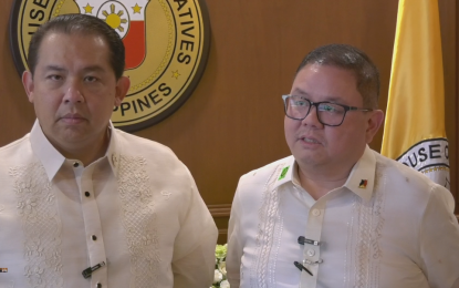 <p><strong>RICE PRICE</strong>. House Speaker Martin Romualdez (left) and Agriculture Secretary Francisco Tiu Laurel grant media interview after their meeting at the House of Representatives in Quezon City on Monday (May 6, 2024). Romualdez said they are working to lower the price of rice below PHP30 per kilo starting July. (<em>Screengrab)</em></p>