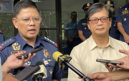 <p><strong>LOYAL TO DUTY.</strong> Interior Secretary Benjamin Abalos Jr. (right) and PNP chief Gen. Rommel Francisco Marbil (left) on Wednesday (May 8, 2024) said the allegations of former senator Antonio Trillanes IV that active high-ranking police officials were involved in an ouster plot against President Ferdinand R. Marcos Jr. are merely hearsays. Abalos said he does not see the need to investigate these police officials as he expressed confidence in their loyalty to their mandate. <em>(PNA photo by Lloyd Caliwan)</em></p>