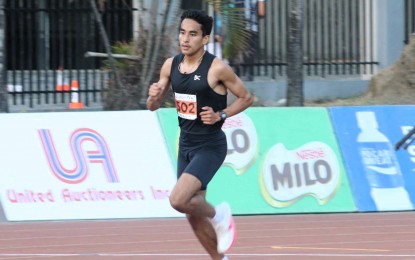 <p><strong>GOLD MEDALIST.</strong> Filipino-American Yacine Guermali competes in the men's 5,000m event in the International Container Terminal Services, Inc. (ICTSI) Philippine Athletics Championships at the Philsports track and field stadium in Pasig City on Wednesday (May 8, 2024). He won in 14 minutes and 18.83 seconds. <em>(Contributed photo)</em></p>