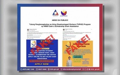 <p><strong>FAKE NEWS</strong>. The Department of Labor and Employment (DOLE) warns public against fake news on its Tulong Panghanapbuhay sa ating Disadvantaged/Displaced Workers (TUPAD) Program circulating online. Labor Secretary Bienvenido Laguesma on Wednesday (May 8, 2024) said TUPAD Program is not a scholarship grant but a temporary employment assistance.<em> (Photo grabbed from DOLE Facebook page)</em></p>