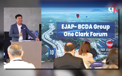 <p><strong>NEW CLARK CITY</strong>. Bases Conversion and Development Authority (BCDA) President and Chief Executive Officer Joshua Bingcang presents its plans for New Clark City at the One Clark Forum at the New Clark City Athletics Stadium in Capas, Tarlac on Friday (May 10, 2024). The One Clark Forum is co-organized by the BCDA and the Economic Journalists Association of the Philippines. <em>(Courtesy of BCDA Facebook page)</em></p>
