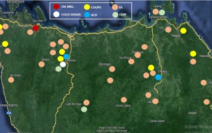 <p><strong>INVESTMENTS.</strong> A map of Northern Samar showing the location of small coconut-related investments and coconut farmers' association. The Northern Samar provincial government has tied up with the Board of Investments to encourage more investors in the local coconut industry.<em> (Photo courtesy of Northern Samar provincial government)</em></p>
