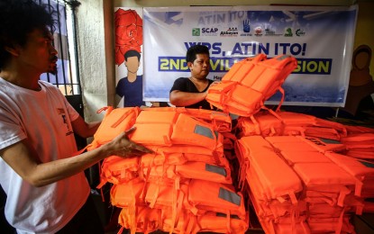 <p><strong>SAFETY FIRST.</strong> Life vests used during the “Atin Ito” civilian mission to the West Philippine Sea on May 14 to 17, 2024. The volunteer activity distributed 6,000 liters of fuel and a thousand food packs to 670 fisherfolk. <em>(PNA photo by Joan Bondoc)</em></p>