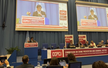 <p><strong>COMMITMENT.</strong> Interior and Local Government Secretary Benjamin Abalos Jr. delivers his remarks at the opening of the 33rd Session of the United Nations Commission on Crime Prevention and Criminal Justice in Vienna, Austria on Monday (May 13, 2024). He said the Philippines is committed to crime prevention strategies to foster peace, harmony, and a rules-based order through international cooperation. <em>(Photo courtesy of DILG)</em></p>