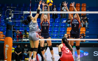 <p><strong>DOUBLE TEAM.</strong> Letran's Marie Jundiel Nitura (No. 1) and Royce Dela Cruz (No. 3) defend against Lyceum's Johna Denise Dolorito (No. 15) during the NCAA Season 99 women's volleyball semifinals at FilOil EcoOil Centre in San Juan on Wednesday (May 15, 2024). Letran won, 25-15, 25-21, 19-25, 19-25, 15-11, to advance to the finals against College of Saint Benilde. <em>(NCAA photo)</em></p>