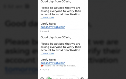 <p><strong>SCAM MESSAGE</strong>. A screen capture of a scam message circulating in messaging platforms that seeks to bait users by pretending to be from GCash – a Filipino mobile payments service. Senator Joel Villanueva on Thursday (June 20, 2024) urged for a review of the available mechanisms against text scams amid their continued proliferation. <em>(Screen capture courtesy of CICC)</em></p>