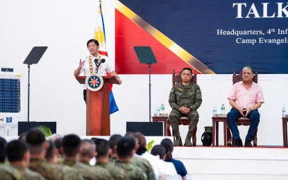 <p><strong>NEW BATTLEFIELD</strong>. President Ferdinand R. Marcos Jr. urges Philippine security forces to develop skills and knowledge to combat new forms of warfare, particularly with the digital space serving as a new battlefield, in his “Talk to Troops” during his visit to Camp Edilberto Evangelista in Cagayan de Oro City on Thursday (May 16, 2024). Marcos told members of the 4th Infantry Division that they must be prepared to fight false narratives, disinformation, and digital operation that seek "to sow conflict against us and amongst us.” <em>(Photo courtesy of PCO)</em></p>