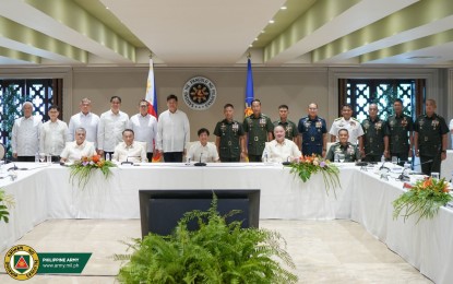 <p><strong>IMPROVING CAPABILITIES.</strong> President Ferdinand R. Marcos Jr. (center) poses for a photo opportunity with defense and military officials after a command conference at the Malacañan Palace in Manila on May 14, 2024.⁩ Defense Secretary Gilberto Teodoro Jr. on Monday (May 20) said the Chief Executive fully supports the ongoing efforts of the three major services of the Philippine military to improve their capabilities. <em>(Photo courtesy of the Philippine Army)</em></p>