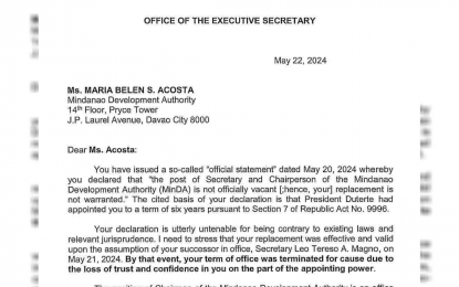 <p>Part of the letter of Executive Secretary Lucas Bersamin to Mindanao Development Authority Secretary Maria Belen Acosta, dated May 22, 2024.</p>