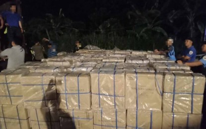 <p><strong>CONTRABAND.</strong> Task Force Davao and partner agencies seized PHP8.7 million worth of smuggled cigarettes at the Sirawan entry point in Barangay Sirawan, Toril District, Davao City during a predawn operation Thursday (May 23, 2024). Authorities arrested two persons onboard a wing van cargo truck carrying the contraband. <em>(Photo courtesy of Task Force Davao)</em></p>