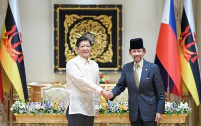 <p><strong>STRONGER TIES</strong>. President Ferdinand R. Marcos Jr. (left) meets with His Majesty Sultan Haji Hassanal Bolkiah Mu’izzaddin Waddaulah at the Istana Nurul Iman on Tuesday (May 28, 2024) to strengthen the bilateral relations between the Philippines and Brunei Darussalam. The President is on a two-day state visit to Brunei upon Sultan Bolkiah's invitation.<em> (Photo from the Presidential Communications Office)</em></p>