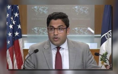 <p><strong>NO PLANS</strong>. State Department deputy spokesperson Vedant Patel answers questions during a daily press briefing in Washington, D.C. in this 2023 captured image. He said on May 30, 2024 that the United States has no plans to forward-deploy nuclear weapons to the Korean Peninsula.<em> (Yonhap photo)</em></p>