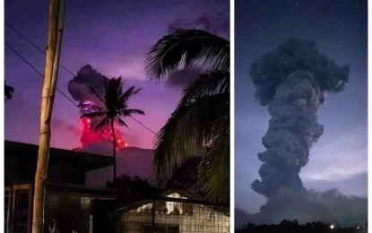 <p><strong>ERUPTION.</strong> A 5,000-meter plume lights up the night sky as Mt. Kanlaon in Negros Island erupted after sundown on Monday (June 3, 2024). The Philippine Coast Guard District Western Visayas has been put on alert to assist local government units and other concerned agencies to ensure the public's safety. <em>(Photo courtesy of Dumaguete Bishop Julito Cortes Facebook)</em></p>