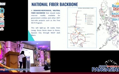 <p><strong>ROADSHOW</strong>. The Department of Information and Communications Technology (DICT) holds a roadshow and seminar at the Provincial Training Center in Lingayen town, Pangasinan on Monday (June 3, 2024). It aims to raise awareness on the projects and services of DICT, including the National Fiber Backbone Project that will provide connectivity to villages. <em>(Screenshot from DICT's livestream)</em></p>