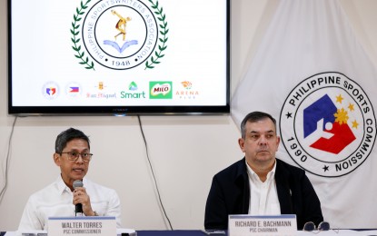 <p><strong>FRIENDSHIP GAMES.</strong> Philippine Sports Commission (PSC) commissioner Walter Torres (left) assures the successful staging of the 11th BIMP-EAGA Friendship Games from Dec. 1-5, 2024 in Puerto Princesa, Palawan during the Philippine Sportswriters Association (PSA) forum at the Rizal Memorial Sports Complex on Tuesday (June 4, 2024). With him is PSC chairman Richard Bachmann. <em>(PNA photo by Jesus Escaros Jr.)</em></p>