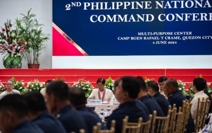 <p><strong>COMMAND CONFERENCE</strong>. President Ferdinand R. Marcos Jr. presides over the 2nd Philippine National Police Command Conference on Tuesday (June 4, 2024) at the PNP Multi-Purpose Center at Camp Crame, Quezon City. Joining the President are Presidential Adviser on Military and Police Affairs Secretary Roman Felix, Executive Secretary Lucas Bersamin, Interior Secretary Benhur Abalos Jr., and PNP chief Rommel Francisco Marbil. <em>(Presidential Photojournalists Association)</em></p>