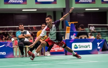 <p><strong>FINALS BOUND</strong>. University of the Philippines' Jewel Angelo Albo returns a backhand against top seed Rabie Jayson Oba-ob of the Philippine Air Force in their semifinals match in the Philippine Badminton Open men's singles at First Pacific Leadership Academy in Antipolo City on Monday (June 10, 2024). Albo pulled off a 21-12, 21-10 upset of top seed RJ Oba-ob to reach the finals against Clarence Villaflor in men's singles.<em><strong> (Contributed photo)</strong></em></p>