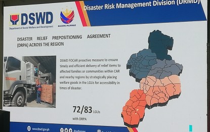 <p><strong>PREPARATIONS</strong>. The Department of Social Welfare and Development in the Cordillera Administrative Region has initially earmarked PHP35.86 million for measures and supplies ahead of the La Niña phenomenon. DSWD-CAR assistant regional director Enrique Gascon said the agency maintains over 40,000 family food packs and 20,000 non-food items at any given time to ensure their availability in cases of disaster.<em> (PNA photo by Liza T. Agoot)</em></p>