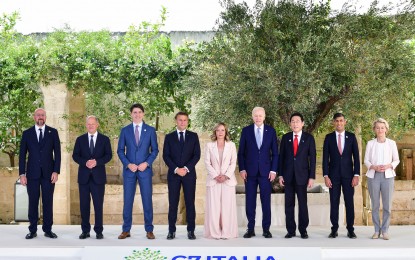 <p><strong>G7 LEADERS.</strong> Group of Seven (G7) leaders, (from left) European Council President Charles Michel, Germany's Chancellor Olaf Scholz, Canada's Prime Minister Justin Trudeau, French President Emmanuel Macron, Italian Prime Minister Giorgia Meloni, US President Joe Biden, Japanese Prime Minister Fumio Kishida, British Prime Minister Rishi Sunak, and European Commission President Ursula von der Leyen, pose for a photo on the first day of the G7 summit in Italy on June 13, 2024. The Philippines on Monday night (June 17, 2024) hailed the G7 leaders for opposing China’s “baseless and excessive claims” in the South China Sea. <em>(Photo courtesy of G7 Italy)</em></p>