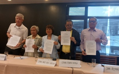 <p><strong>RESIGNATION CALL.</strong> Five commissioners of the National Commission of Senior Citizens call for the resignation of their chairperson, Franklin Quijano, during a press conference in Manila on Friday (June 21, 2024). The group accused Quijano of grave abuse of authority, gross misconduct and gross negligence of duty, which the NCSC chief refuted. <em>(PNA photo by Marita Moaje)</em></p>