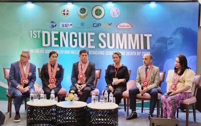 <p class="p1"><strong>DENGUE SUMMIT.</strong> (From left) Philippine College of Physicians (PCP) president Rontgene Solante, PCP past president Imelda Mateo, Philippine Medical Association president Hector Santos Jr., Philippine Pediatric Society president Florentina Uy-Ty, Department of Immunizations Brazilian Society Pediatrics president Renato de Ávila Kfouri, and Philippine Foundation for Vaccination executive director Lulu Bravo form the panel of experts answering questions about dengue and dengue cases prevention during the First Dengue Summit on Tuesday (June 25, 2024) at the Diamond Hotel in Manila City. The health experts agreed that vaccination is important in preventing potential dengue outbreaks in the country. <em>(PNA photo by Ma. Teresa P. Montemayor)</em></p>