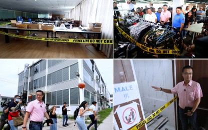 <p><strong>OCULAR INSPECTION.</strong> Senator Sherwin Gatchalian (in pink shirt) and Presidential Anti-Organized Crime Commission Undersecretary Gilbert Cruz (left, upper right photo) inspect a shuttered Philippine Offshore Gaming Operator (POGO) hub in Porac, Pampanga on June 24, 2024. Gatchalian on Thursday (Oct. 10, 2024) said the suspension of local officials in Porac by the Office of the Ombudsman should be a lesson for other local government units to heed the policy of President Ferdinand R. Marcos Jr. on the total ban on POGOs in the country. <em>(PNA photos by Avito Dalan)</em></p>