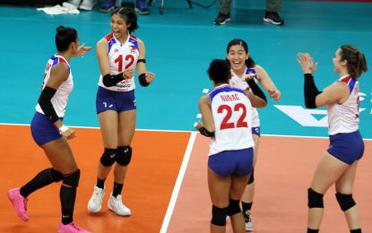 <p><strong>HISTORIC WIN.</strong> Members of Alas Pilipinas celebrate after winning the bronze medal in the Asian Volleyball Confederation (AVC) Challenge Cup for Women on May 29, 2024. They will compete in the FIVB Women’s Volleyball Challenger Cup scheduled from July 4 to 7, 2024 at the Ninoy Aquino Stadium in Manila. <em>(PNVF photo)</em></p>