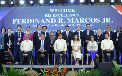 <p><strong>BOOSTING PH TOURISM.</strong> President Ferdinand R. Marcos Jr., (3rd from left, seated) United Nations Tourism Secretary General Zurab Pololikashvili (2nd from left, seated) and Department of Tourism Secretary Christina Garcia-Frasco (3rd from right, seated) at the 36th Joint Meeting of the United Nations Tourism Commission for East Asia and the Pacific at Sheraton Cebu Mactan Resort in Lapu-Lapu City, Cebu province on Friday (June 28, 2024). Marcos said the event highlights anew the robust recovery and continued appeal of the Philippines as a top travel destination.<em> (PNA photo by Joan Bondoc)</em></p>