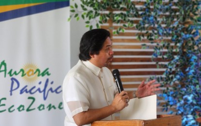 <p><strong>NO TO POGO.</strong> Aurora Pacific Economic Zone and Freeport Authority president and chief executive officer Gil Taway IV delivers a speech during a cooperation deal signing at the APECO office in Casiguran, Aurora on June 28, 2024. Taway said he is not allowing Philippine Offshore Gaming Operators inside the ecozone. <em>(PNA photo by Kris M. Crismundo)</em></p>