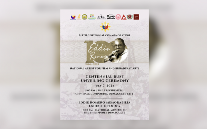 <p><strong>TRIBUTE.</strong> National and local officials will celebrate the life and works of Eddie Romero, National Artist for Film and Broadcast, in Dumaguete City, Negros Oriental from July 5-7, 2024. The unveiling of a bronze bust of the Dumaguete native will highlight the commemoration, as well as the screening of his notable films. <em>(Photo courtesy of Lupa Dumaguete Facebook)</em></p>