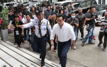 <p>Former Senator Antonio Trillanes IV on his way to file plunder charges against former President Rodrigo Duterte and Senator Bong Go before the Department of Justice. <em>(PNA photo by Ben Pulta)</em></p>
