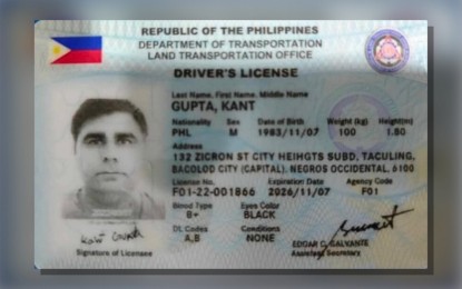 <p><strong>FOR AUTHENTICATION.</strong> The driver's license supposedly issued by the Land Transportation Office to fugitive Indian national Joginder Geong, who also uses the name "Kant Gupta." The driver’s license was found in his possession when arrested by the police in Bacolod City on Monday (July 8, 2024). <em>(Image from Bacolod City Police Office)</em></p>