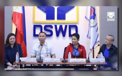 <p><strong>MITIGATING FOOD INSECURITY</strong>. Special Assistant to the Secretary for Disaster Response Management Maria Isabel Lanada (2nd from right) says 43,204 partner-beneficiaries of Projects LAWA and BINHI have received cash-for-training and -work from the Department of Social Welfare and Development, during the Thursday Media Forum at the DSWD central office in Quezon City on July 11, 2024. With her are (from left) Agency Operations Service Director Clarissa Lara Duran, Chief Information Officer Assistant Secretary Julius Gorospe, and Special Assistant to the Secretary for Communications Raymond Robert Burgos. <em>(Photo from DSWD)</em></p>