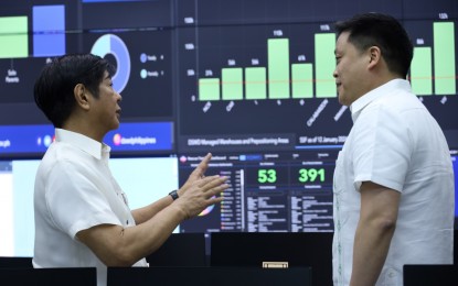 <p><strong>COMMAND CENTER</strong>. President Ferdinand R. Marcos Jr. (left) is briefed by Department of Social Welfare and Development (DSWD) Secretary Rex Gatchalian on the Disaster Response Command Center (DRCC) at the DSWD Central Office in Quezon City on Jan. 12, 2024. The DRCC is among the digital transformation efforts of the DSWD in its disaster response operations, and delivery of other programs and services. <em>(DSWD photo)</em></p>