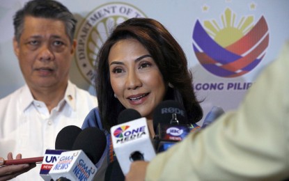 <p><strong>TOURISM INFRA</strong>. Tourism Secretary Christina Garcia Frasco answers questions from the media during the 2023 Philippine Tourism Satellite Accounts and Tourism Statistics Dissemination Forum at the Philippine International Convention Center in Pasay City on Friday (July 12, 2024). Frasco said the Department of Tourism is working to attract more investments into tourism infrastructure. <em>(PNA photo Yancy Lim)</em></p>