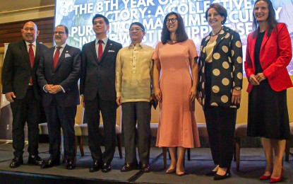 <p><strong>STRATBASE ADRI FORUM</strong>. Stratbase ADR Institute President Victor Andres Manhit (left) with National Security Adviser Eduardo Año (center) and ambassadors at the Stratbase ADRI forum titled, "The 8th Year of the Arbitral Victory: A Collective Pursuit of Maritime Security in the West Philippine Sea", at the Manila Polo Club in Makati City on Friday (July 12, 2024). Also in photo are (from left) Canadian Ambassador David Hartman, Japanese Ambassador Kazuya Endo, Australian Ambassador HK Yu, US Ambassador MaryKay Carlson, and French Ambassador Marie Fontanel. <em>(PNA Photo by Robert Alfiler)</em></p>