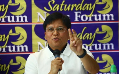 <p><strong>UNIRRIGATED LAND</strong>. National Irrigation Administration chief Eduardo Eddie Guillen speaks at the Saturday News Forum in Quezon City on July 13, 2024. He said PHP200 billion is needed annually for the next 10 years to fully cover the country’s unirrigated lands. <em>(PNA photo by Joan Bondoc)</em></p>