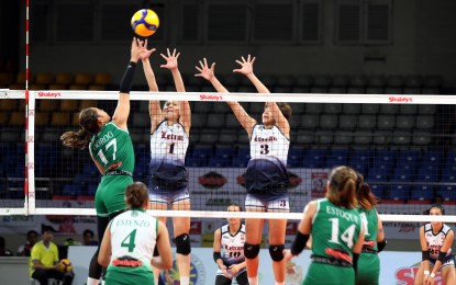 <p><strong>GO FOR BRONZE.</strong> College of Saint Benilde opposite Jessa Dorog (No. 17) tries to score against Letran's Judiel Nitura (No. 1) and Royce Dela Cruz (No. 3) in the Game 1 of the best-of-three series for the bronze medal in the Shakey's Super League National Invitationals at Ninoy Aquino Stadium in Manila on Monday (July 15, 2024). College of Saint Benilde won, 25-21, 21-25, 16-25, 17-25. <em>(PNA photo by Jess M. Escaros Jr.) </em></p>