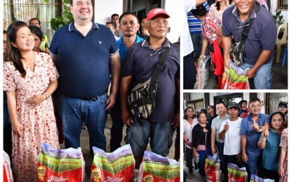 <p><strong>GOVERNMENT AID</strong>. Negros Oriental Governor Manuel Sagarbarria (2nd from left, left photo) on Monday (July 15, 2024) leads the distribution of rice assistance to El Niño-affected farmers in Sta. Catalina town. A total of 6,788 farmers have so far received the rice assistance of 25 kilos each. <em>(Contributed photos)</em></p>