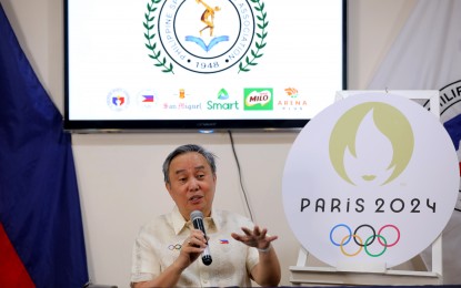 <p><strong>OPTIMISTIC.</strong> Philippine Olympic Committee president Abraham "Bambol" Tolentino talks about the medal prospects of Team Philippines in the Paris Olympics during the Philippine Sportswriters Association (PSA) Forum at the Rizal Memorial Sports Complex in Malate, Manila on Tuesday (July 16, 2024). A total of 22 athletes will compete in the Olympics scheduled from July 26 to August 11, 2024. <em>(PNA photo by Jesus M. Escaros Jr.)  </em></p>