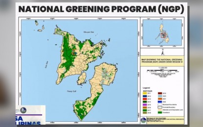 <p><strong>GREENING PROGRAM. </strong>The map shows the coverage of the national greening program in Western Visayas. DENR OIC Regional Director Raul Lorilla on Thursday (July 18, 2024), said they have a target area of 309,000 hectares in Western Visayas. <em>(Photo screengrab from DENR presentation)</em></p>