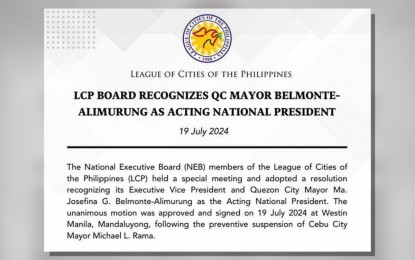 <p><strong>STATEMENT.</strong> The statement released by Bacolod City Mayor Alfredo Abelardo Benitez, the national chairman of the League of Cities of the Philippines (LCP), on Monday (July 22, 2024), recognizing Quezon City Mayor Ma. Josefina “Joy” Belmonte-Alimurung as the acting national president. The resolution was unanimously passed by the National Executive Board members during a special meeting on July 19. <em>(Image courtesy of the League of Cities of the Philippines)</em></p>