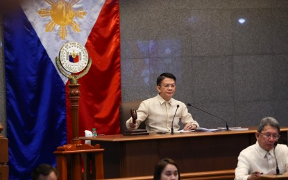 <p><strong>PRIORITIES</strong>. Senate President Francis Escudero bangs the gavel to open the Third Regular Session of the 19th Congress in Pasay City on Monday (July 22, 2024). He said the death penalty and divorce bills will go through the regular process and won’t be prioritized in the Senate. <em>(PNA photo by Avito C. Dalan)</em></p>