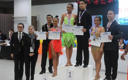 <p><strong>WINNERS.</strong> Soccsksargen dominates the Private Schools Athletic Association National Games dancesport competition at Legazpi City Convention Center in Albay on Sunday (July 21, 2024). Photo shows the podium finishers in the collegiate Latin 5-dance category, led by John Theo Puerto and Angela Marie Talatala of General Santos City. <em>(Photo courtesy of PRISAA)</em></p>