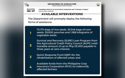 <p><strong>AID TO FARMERS.</strong> The Department of Agriculture - Disaster Risk Reduction and Management (DA-DRRM) Center displays available aid for affected farmers due to the effects of the southwest monsoon enhanced by Typhoon Carina, in this infographic posted on Facebook on Wednesday (July 24, 2024). The DA-DRMM reported that agricultural damage in rice, corn, high-value crops, and livestock has hit PHP156.79 million. <em>(Photo courtesy of DA-DRRM)</em></p>