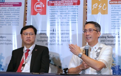 <p><strong>SAFE MINDANAO.</strong> Mindanao Development Authority (MinDA) Secretary Leo Tereso Magno (left) and Tony Peralta, chair of the European Chamber of Commerce of the Philippines (ECCP)-Southern Mindanao Business Council and Honorary Consul for Finland, on Wednesday (July 24, 2024) maintained that Mindanao Island is safe and ready for investments. Magno assures that the agency's 'Mindanao’s trust, respect, and safety' study will be utilized for the “safe Mindanao” campaign. <em>(PNA photo by Robinson Niñal Jr.)</em></p>