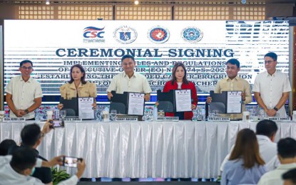 <p><strong>CAREER GROWTH.</strong> Department of Education (DepEd) Secretary Sonny Angara (3rd from left) leads the ceremonial signing of the Implementing Rules and Regulations (IRR) of Executive Order (EO) No. 174, series of 2022 in Establishing the Expanded Career Progression System for Public School Teachers at the DepEd Central Office in Pasig City on Friday (July 26, 2024). With him are Department of Budget and Management Secretary Amenah Pangandaman (3rd from right), Civil Service Commission Commissioner Ryan Alvin Acosta (2nd from right), and Professional Regulation Commission Chairperson Charito Zamora (2nd from left). <em>(PNA photo by Robert Alfiler)</em></p>