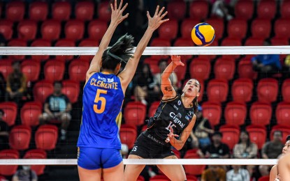 <p><strong>COVERED.</strong> Cignal's Maria Jose Perez (in black) tries to score against Capital1's Maria Lourdes Clemente (No. 5) in the Premier Volleyball League Reinforced Conference at PhilSports Arena in Pasig City on Saturday (July 27, 2024). The HD Spikers won, 25-20, 25-17, 23-25, 25-13. <em>(Photo courtesy of PVL)</em></p>