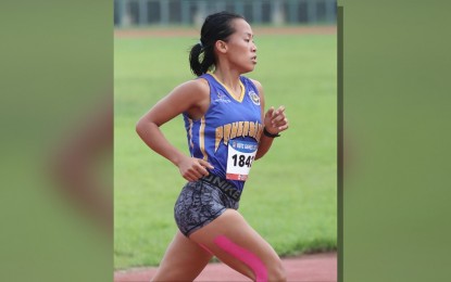 <p><strong>FIRST GOLD</strong>. Mary Rose Frias of Pangasinan ruled the women's 1,500m run in the Army division of the Philippine Reserve Officers Training Corps (ROTC) Games Luzon leg at the Cavite State University (CvSU) track oval in Indang on Tuesday (July 30, 2024). She delivered the tournament's first gold medal.<em> (Photo courtesy of Philippine Sports Commission)</em></p>